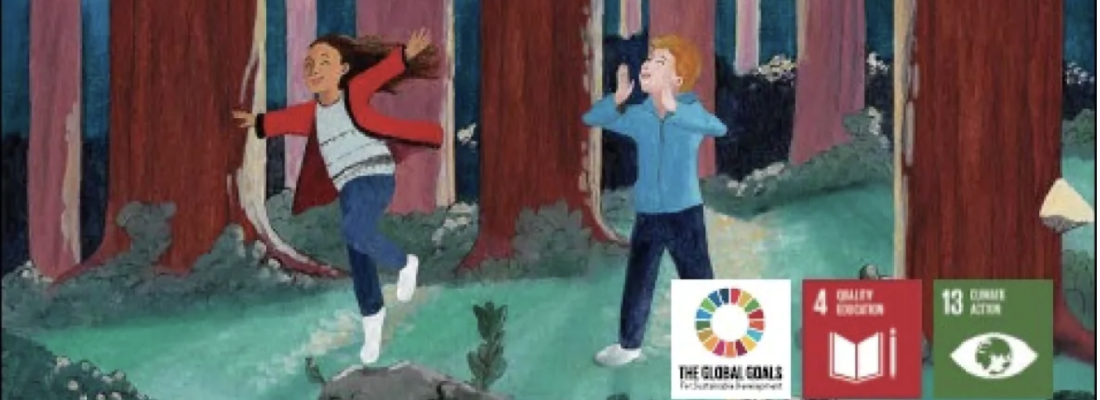 A portion of the cover of Finding the Language, showing the two children who meet and talk to the Raven and Wolf, to figure out how to save the environment and the Kwakʼwala language. A portion of the cover of Finding the Language, showing the two children who meet and talk to the Raven and Wolf, to figure out how to save the environment and the Kwakʼwala language.