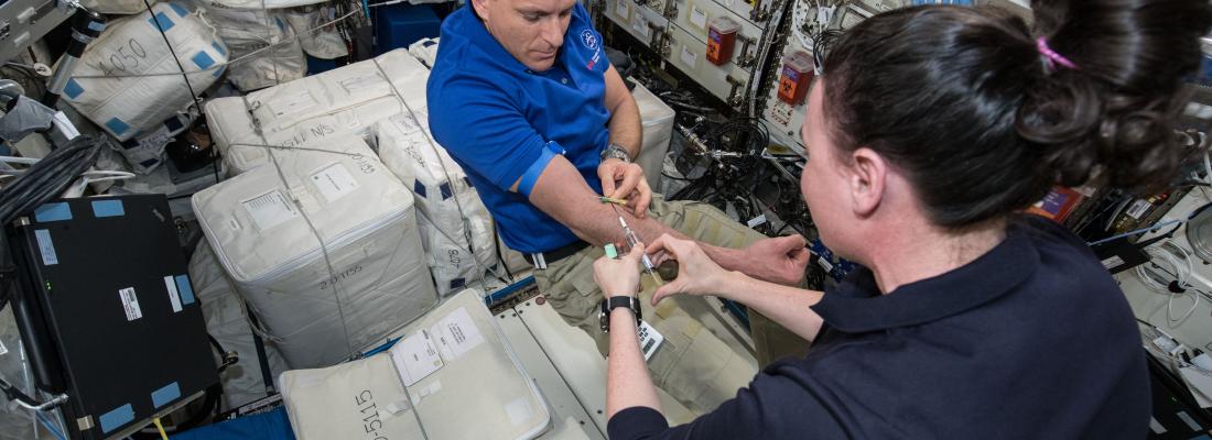 David Saint-Jacques gives a blood and breath sample for a Canadian study aboard the International Space Station in December 2018. (Credit: NASA)