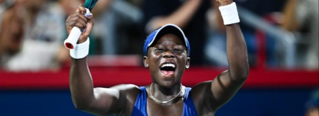 Victoria Mboko celebrates a win at the National Bank Open in Montreal. (Photo via X.)