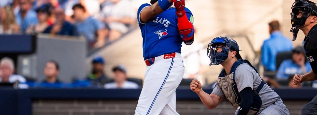 Vladimir Guerrero Jr. hits a home run in Game 1 against the New York Yankees. (Photo via Toronto Blue Jays’ Facebook page.)