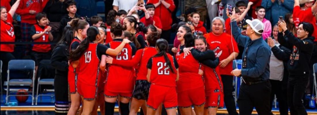 The At’maakw U17 girls team celebrate their championship win at the Junior All Native Basketball Tournament. (Photo via JANT Basketball’s Instagram page.)