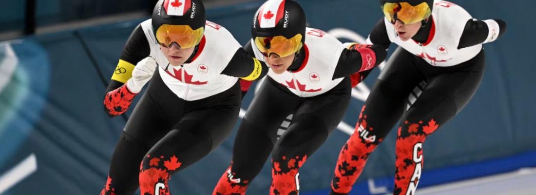Canadian speedskaters race for gold in team pursuit at the Winter Olympic Games. (Photo via CBC Olympics’ Facebook page.)