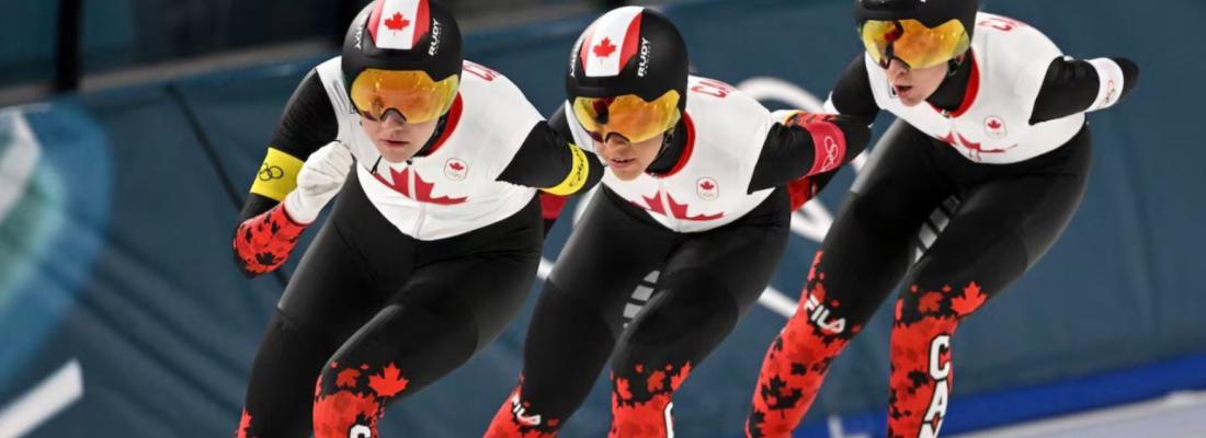 Canadian speedskaters race for gold in team pursuit at the Winter Olympic Games. (Photo via CBC Olympics’ Facebook page.)
