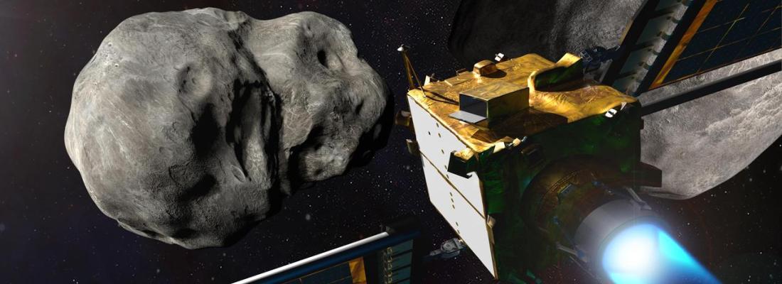The DART spacecraft takes aim at the Dimorphos asteroid. (Illustration via NASA Image Library.)