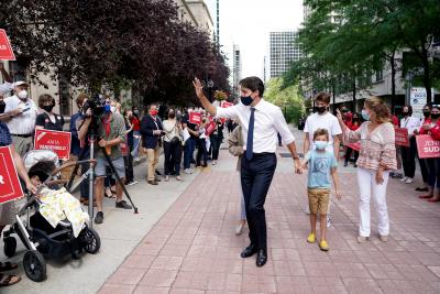 Liberal Party Leader Justin Trudeau greets a crowd of supporters with his family in tow after triggering a federal election, in Ottawa, on August 15. Photo credit: THE CANADIAN PRESS/Sean Kilpatrick