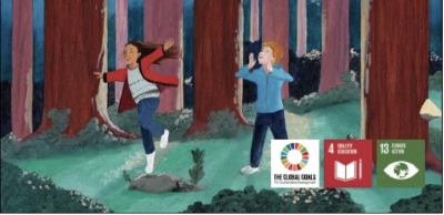 A portion of the cover of Finding the Language, showing the two children who meet and talk to the Raven and Wolf, to figure out how to save the environment and the Kwakʼwala language. A portion of the cover of Finding the Language, showing the two children who meet and talk to the Raven and Wolf, to figure out how to save the environment and the Kwakʼwala language.