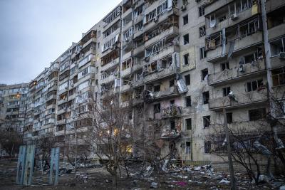 View of a building damaged following a rocket attack the city of Kyiv, Ukraine, Friday, Feb. 25, 2022. (AP Photo/Emilio Morenatti) View of a building damaged following a rocket attack the city of Kyiv, Ukraine, Friday, Feb. 25, 2022. (AP Photo/Emilio Morenatti)