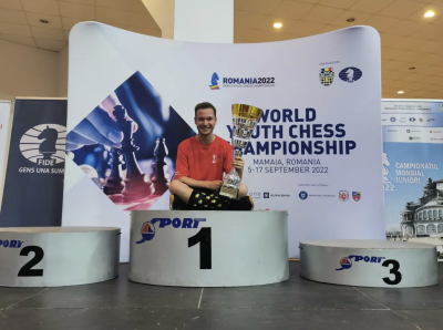 Shawn Rodrigue-Lemieux is pictured with his trophy after beating out players from 54 countries at the world under-18 chess championships in Romania. Shawn Rodrigue-Lemieux is pictured with his trophy after beating out players from 54 countries at the world under-18 chess championships in Romania.