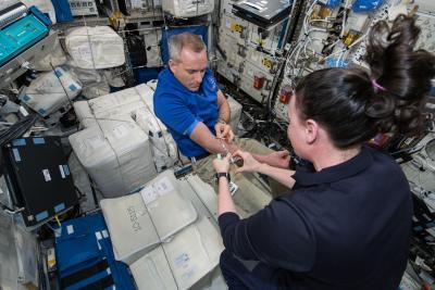 David Saint-Jacques gives a blood and breath sample for a Canadian study aboard the International Space Station in December 2018. (Credit: NASA)