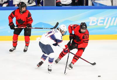 Micah Zandee-Hart (right) during the Olympic gold medal game in Beijing. Micah Zandee-Hart (right) during the Olympic gold medal game in Beijing.