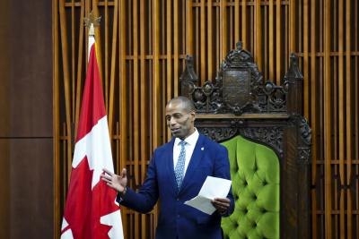 Newly elected Speaker of the House of Commons, Greg Fergus, speaks from his chair in the House of Commons in Ottawa. (The Canadian Press/Sean Kilpatrick)