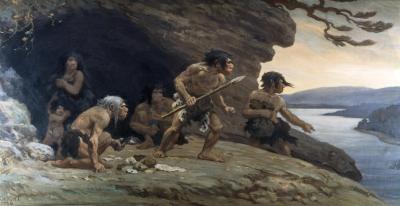 Mural of a Neanderthal family by Charles R. Knight. (Photo via Wikimedia Commons)