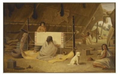 Painting of the Coast Salish people using dog fur to weave. (Paul Cane, courtesy of the Royal Ontario Museum via X.) Painting of the Coast Salish people using dog fur to weave. (Paul Cane, courtesy of the Royal Ontario Museum via X.)