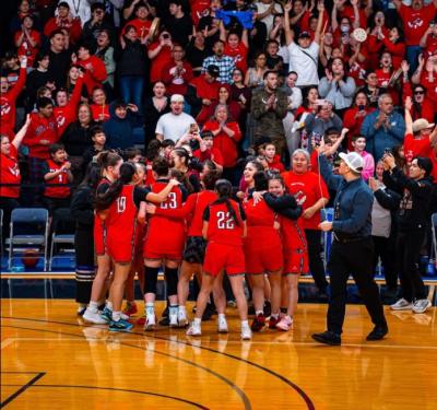 The At’maakw U17 girls team celebrate their championship win at the Junior All Native Basketball Tournament. (Photo via JANT Basketball’s Instagram page.)