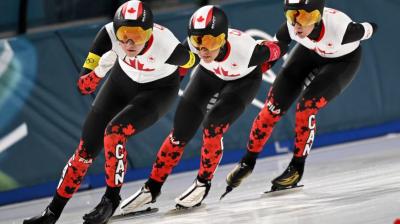 Canadian speedskaters race for gold in team pursuit at the Winter Olympic Games. (Photo via CBC Olympics’ Facebook page.)