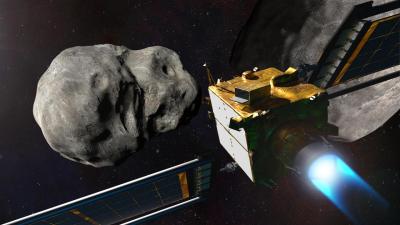 The DART spacecraft takes aim at the Dimorphos asteroid. (Illustration via NASA Image Library.)