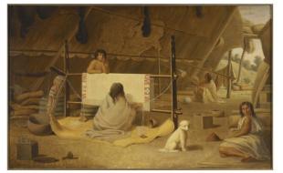 Painting of the Coast Salish people using dog fur to weave. (Paul Cane, courtesy of the Royal Ontario Museum via X.) 