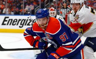 Connor McDavid fights for the puck during Game 2 of the Stanley Cup playoffs. (Photo via Facebook.)