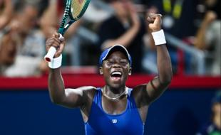 Victoria Mboko celebrates a win at the National Bank Open in Montreal. (Photo via X.)