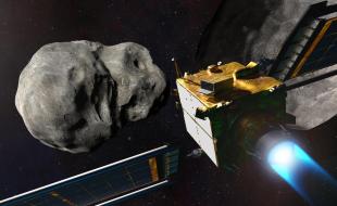 The DART spacecraft takes aim at the Dimorphos asteroid. (Illustration via NASA Image Library.)